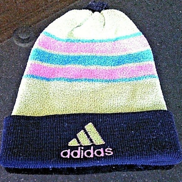 Adidas Hat Winter Beanie Cap Striped Toque Pom Pom Unisex Cold Weather Warm Ears - Picture 2 of 16